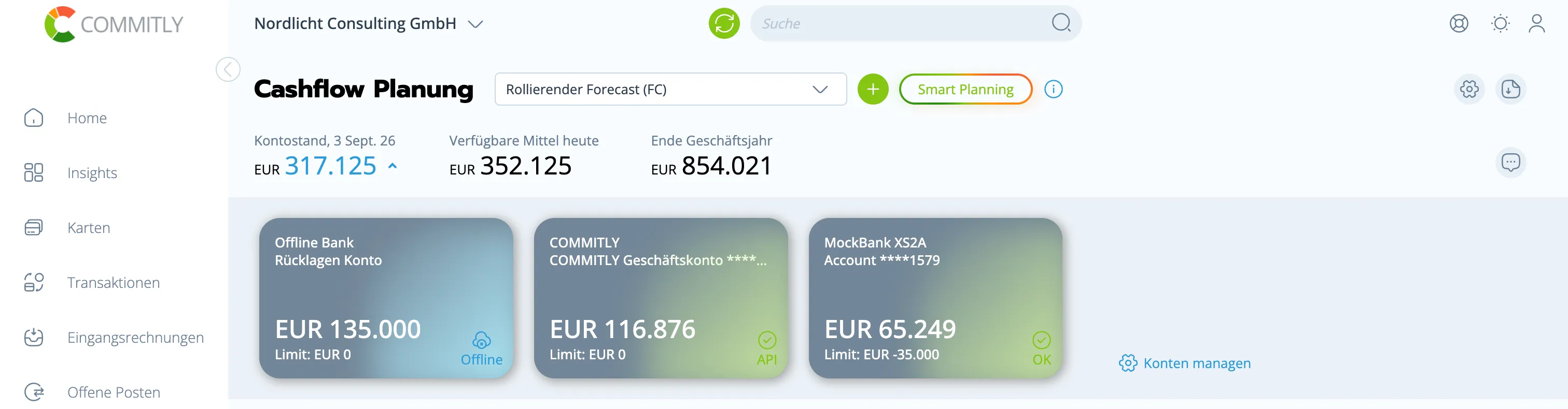 Kontenübersicht in COMMITLY mit Salden je Konto