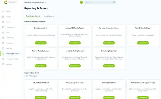 Reports and variance analysis, as PDF, Excel or via the API